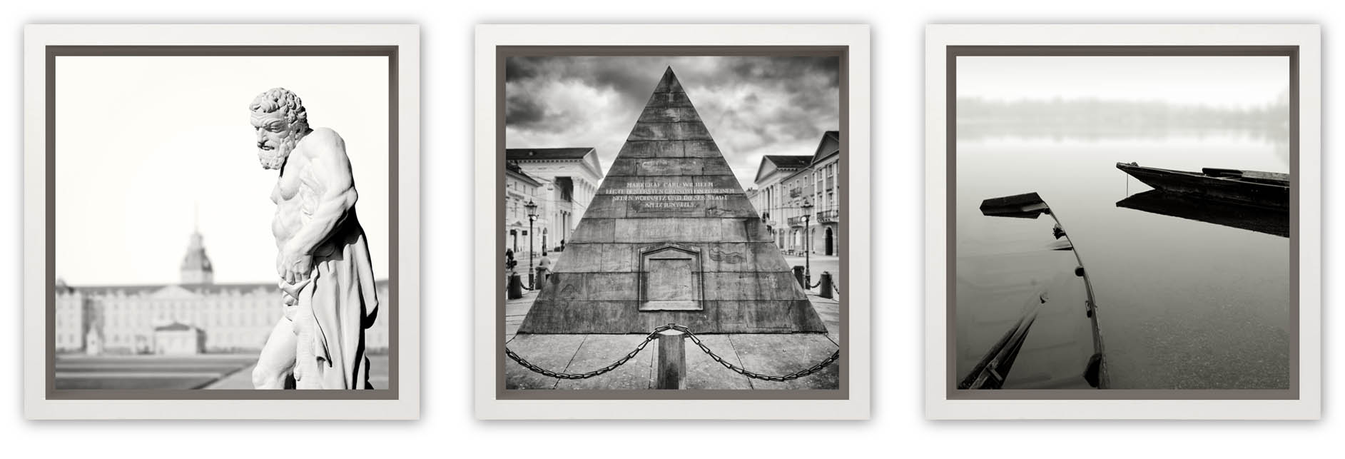 MIGROBIs: Wandbilder mit Motiven von Karlsruhe. Links der Schlossturm, in der Mitte die Pyramide auf dem Marktplatz und rechts Fischerboote auf dem Altrhein